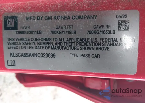 2022 Chevrolet Spark Fwd Ls Manual из США, поврежденный, VIN KL8CA6SA4NC023699